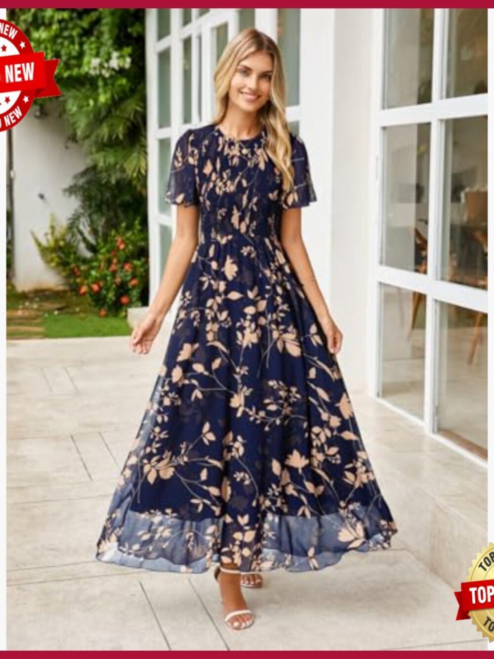 Summer Maxi Dress Floral Boho Flowy Chiffon Smocked Top Short Sleeve - Picture 5 of 7